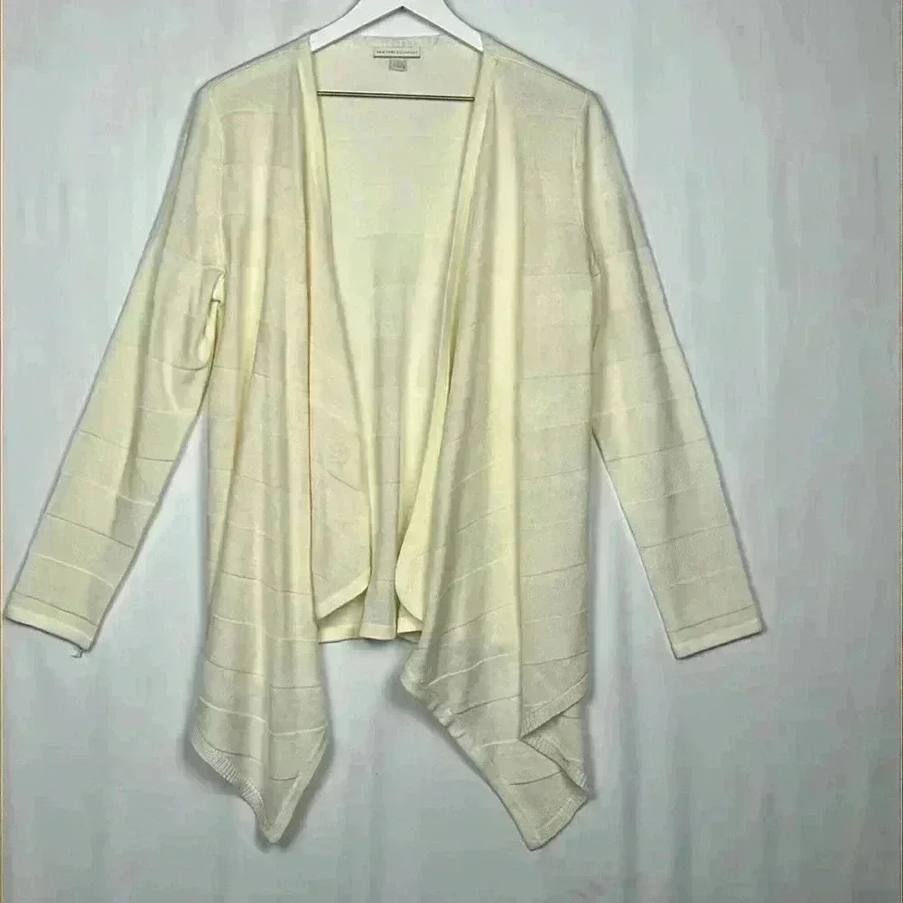 New York & Co Womens Cardigan Cream M Waterfall Knit Pattern Long Sleeves Classy